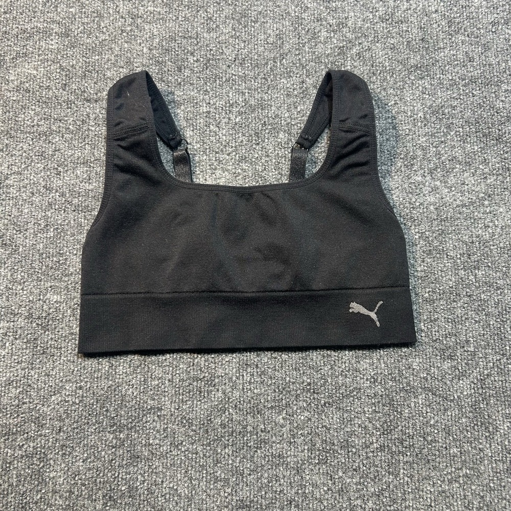 Puma Womens Black Seamless Square Neck Sports Bra Size S Adjustable Straps Logo
